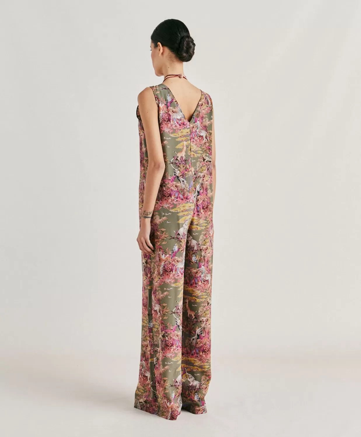 Vestiti>Momoni Tuta Lunga Matilde In Crepe De Chine - Oliva Multicolor