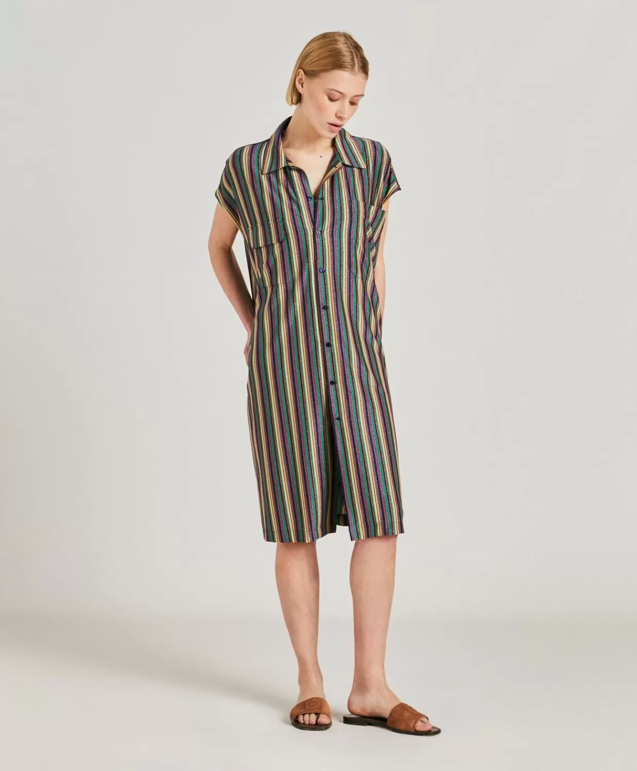 Vestiti>Momoni Vestito Colorado In Jersey Lurex A Righe - Multicolor Verde
