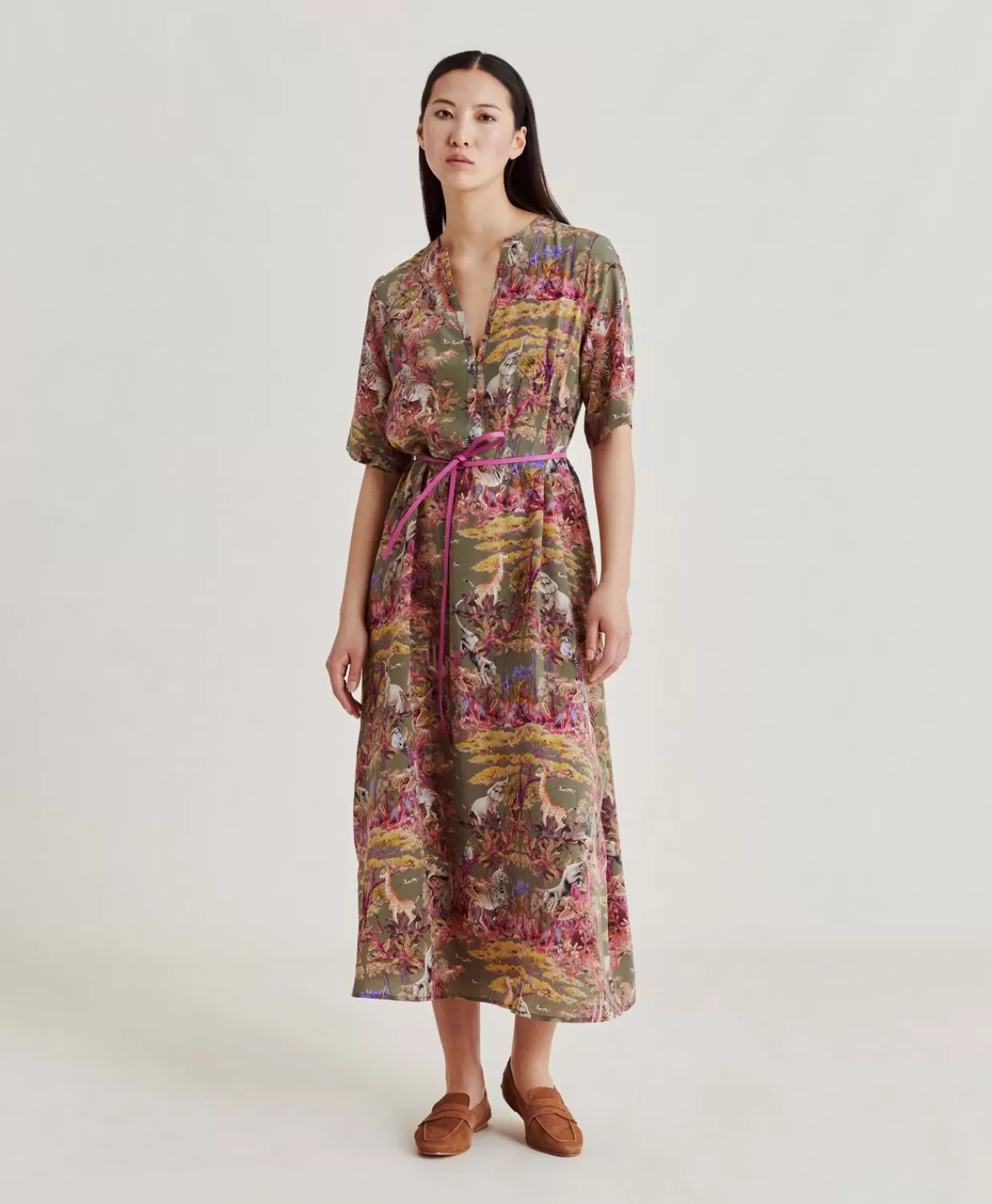Vestiti>Momoni Vestito Penelope In Crepe De Chine - Oliva Multicolor