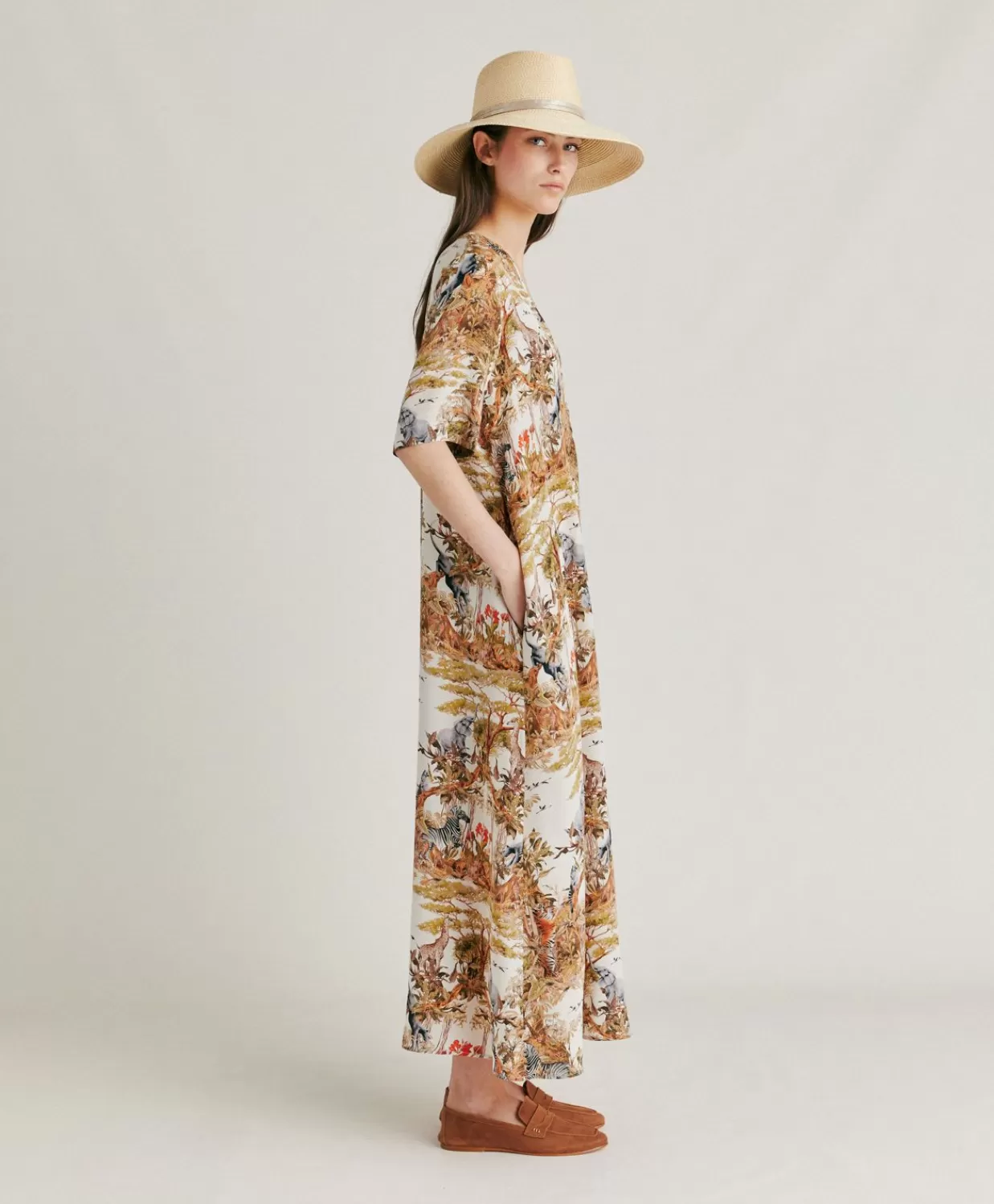 Vestiti>Momoni Vestito Penelope In Crepe De Chine - Panna / Multicolor