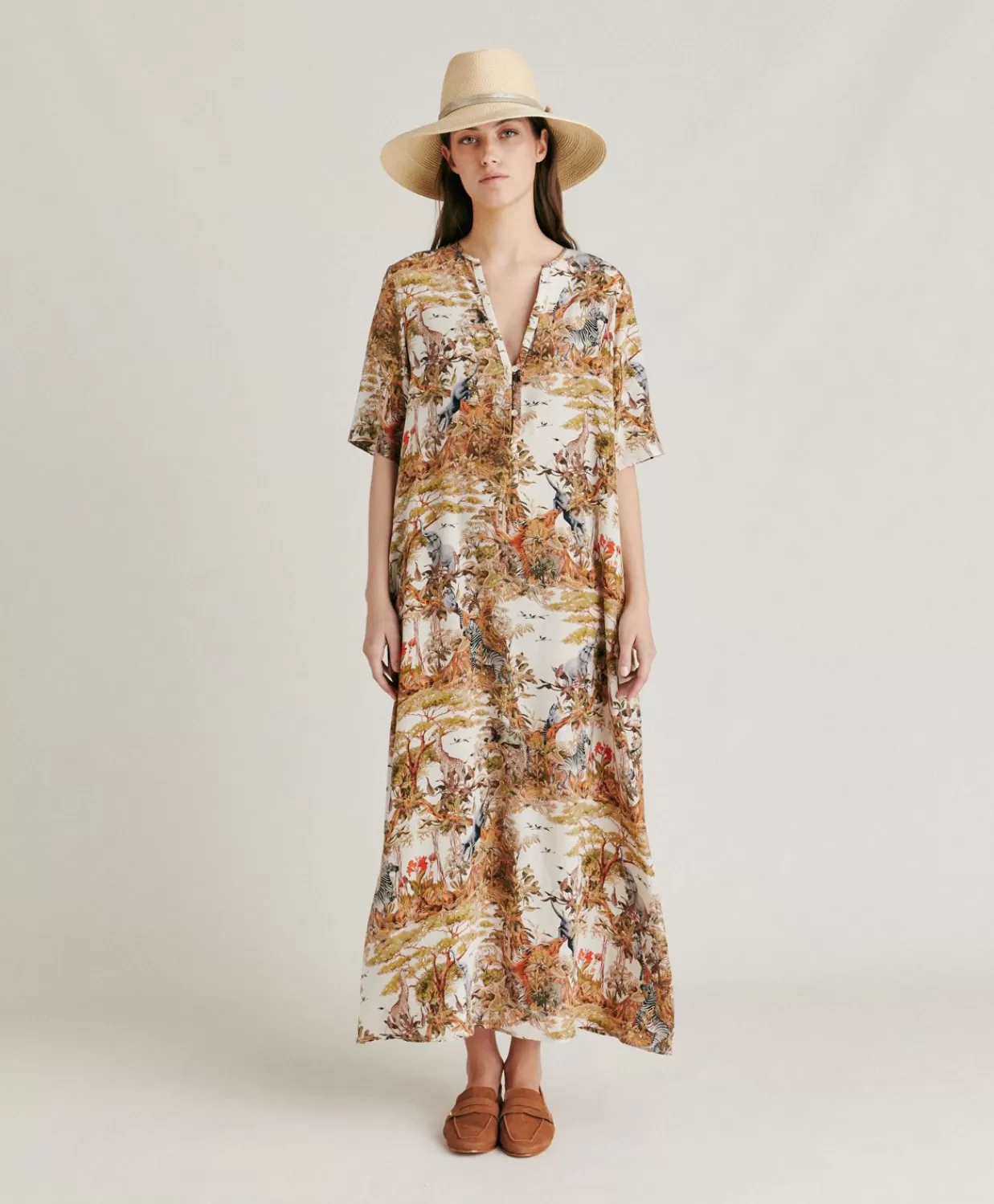 Vestiti>Momoni Vestito Penelope In Crepe De Chine - Panna / Multicolor